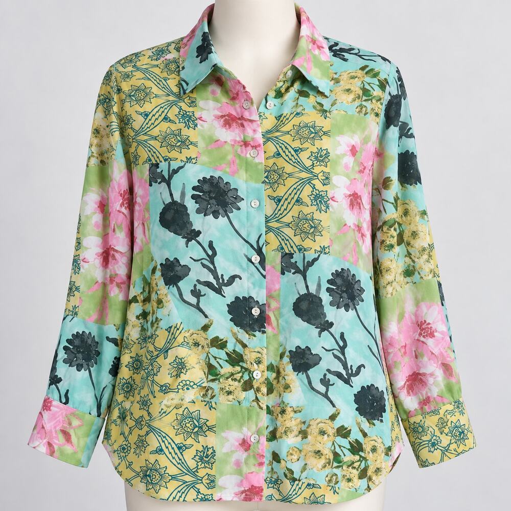 Rose + Olive Floral Patchwork Button Down Tunic Blouse Women's M